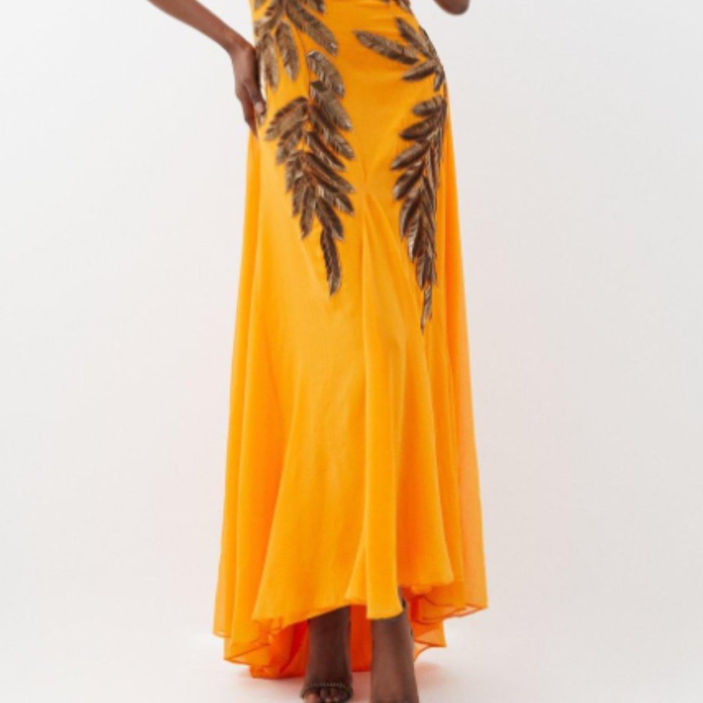 Karen Millen Orange Maxi Dress with Black Leaf Appliqué - Picture 4 of 4